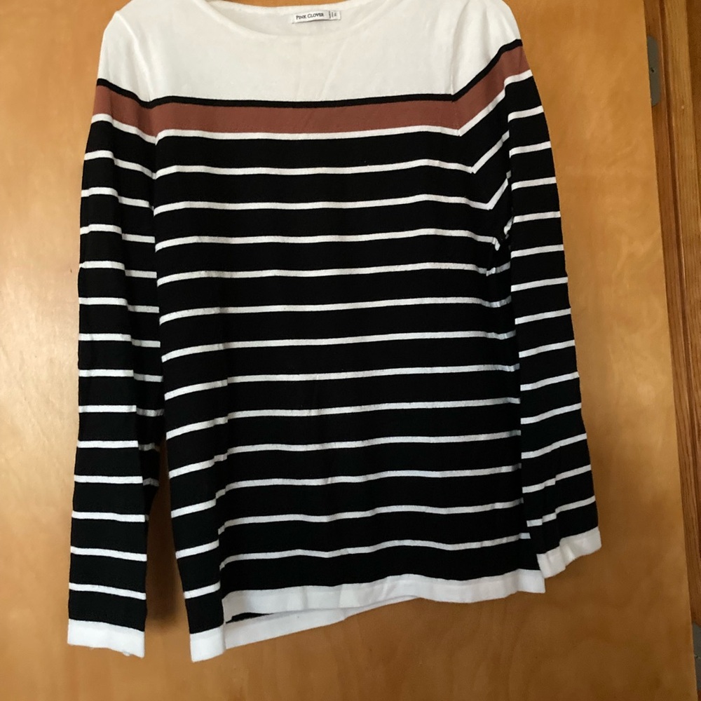 Pink Clover Black, White & Brown Striped Boatneck Long-Sleeve Top